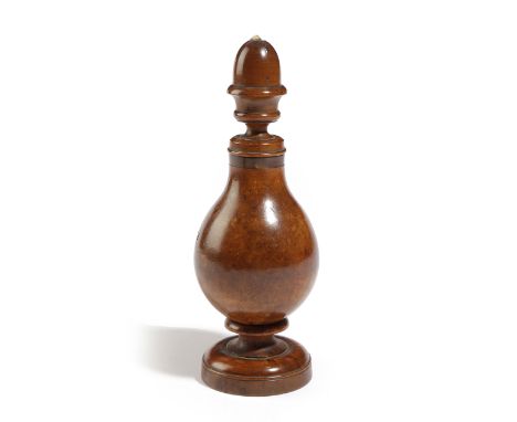 A TREEN BURR BOXWOOD SPICE FLASK LATE 18TH CENTURY in four sections, with an acorn finial and bone button, above a globular b