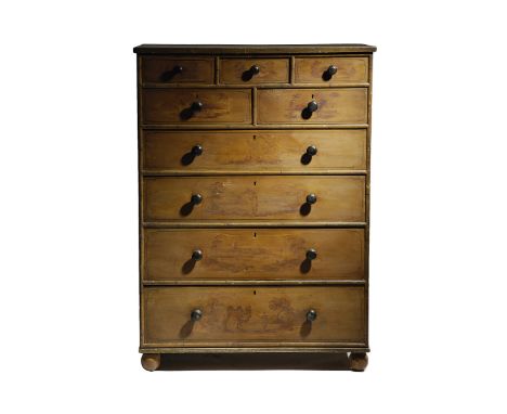 A LATE REGENCY PAINTED PINE FAUX BAMBOO TALL CHEST FIRST HALF 19TH CENTURY decorated with chinoiserie landscape scenes, with 