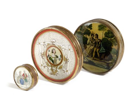 THREE FRENCH CARD AND REVERSE GLASS CONFECTIONERY BONBON BOXES C.1840-60 with brass mounts, one lid with a coloured reverse g