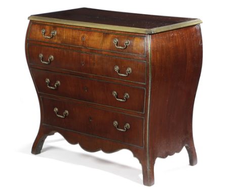 A NORTH EUROPEAN MAHOGANY BOMBE COMMODE LATE 18TH CENTURY with brass mounts, the crossbanded top above four long drawers and 
