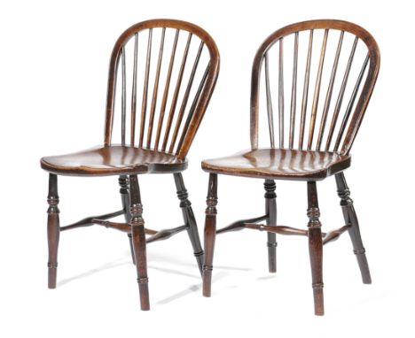 A NEAR PAIR OF FRUITWOOD AND ELM STICKBACK ARMCHAIRS FIRST HALF 19TH CENTURY on ring turned legs (2) Provenance From the esta