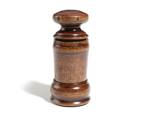 A SWEDISH TREEN BIRCH SPICE GRINDER EARLY 19TH CENTURY in three parts, with a turned pestle handle, with two pierced grating 