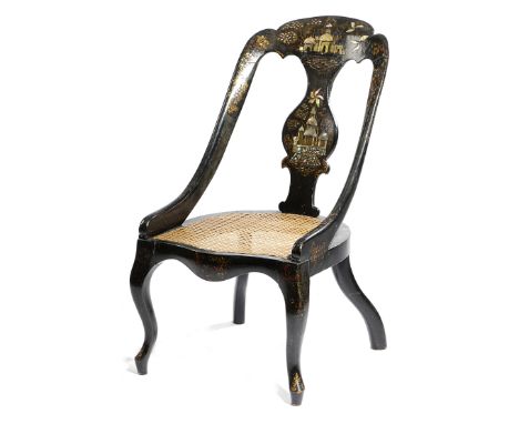 AN EARLY VICTORIAN PAPIER-MACHE CHAIR C.1850 inlaid with mother of pearl and with gilt highlights, depicting two Turkish styl