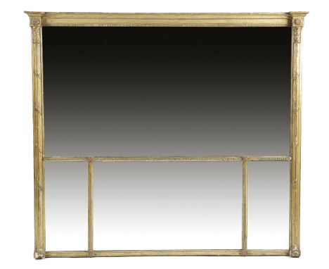 A LATE GEORGE III GILTWOOD OVERMANTEL MIRROR C.1800-10 with four later rectangular plates, flanked by reeded leaf wrapped col