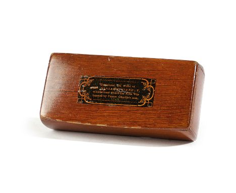 JACOBITE INTEREST. A SCOTTISH MAUCHLINE WARE RELIC SNUFF BOX 19TH CENTURY the hinged lid with an applied label, inscribed 'Wa