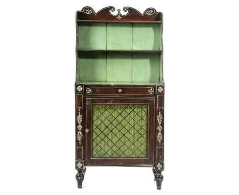 A REGENCY PAINTED PINE SIMULATED ROSEWOOD CHIFFONIER EARLY 19TH CENTURY with a waterfall bookcase top, above a frieze drawer 