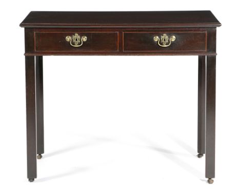 AN EARLY GEORGE III MAHOGANY SIDE TABLE C.1760-70 with a pair of frieze drawers, on chamfered legs and leather roller castors