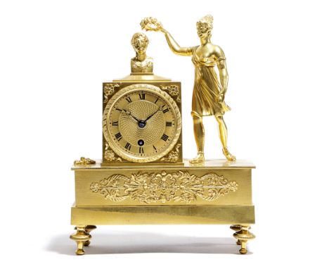 A FRENCH 'EMPIRE' ORMOLU MANTEL CLOCK EARLY 19TH CENTURY the brass eight day drum movement stamped '262', the circular dial w