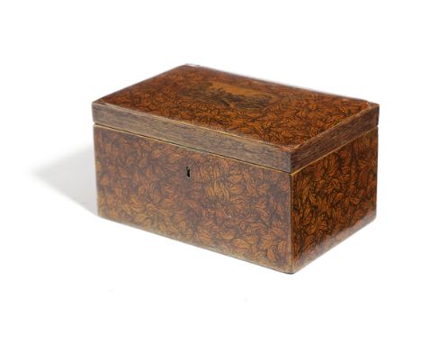 A WILLIAM IV SCOTTISH MAUCHLINE WARE SYCAMORE AND PENWORK TEA CADDY ATTRIBUTED TO CRICHTON &amp; CO. CUMNOC, C.1830-40 the hi