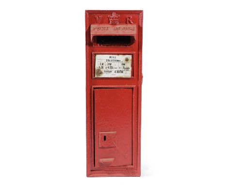 A VICTORIAN CAST IRON LETTER BOX LATE 19TH CENTURY red painted, originally wall mounted, with an enamel plaque for 'PISHILL' 