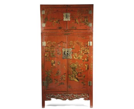 A MATCHED PAIR OF CHINESE RED LACQUER CUPBOARDS 19TH CENTURY in two sections, decorated in gilt, with figures in landscapes, 