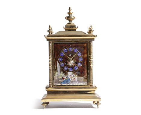 A FRENCH GILT BRASS AND LIMOGES ENAMEL MANTEL CLOCK C.1870-80 the brass eight day movement striking on a gong, the backplate 