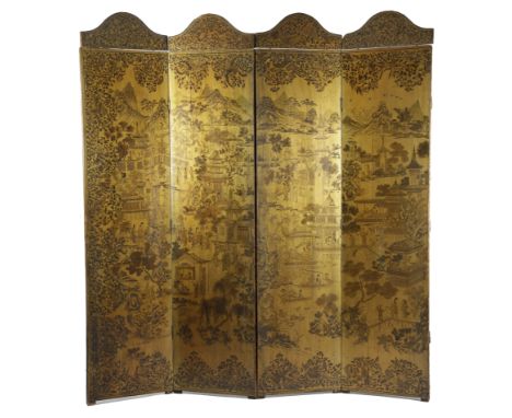 A CHINESE GILT LACQUER EIGHT-FOLD SCREEN FIRST HALF 19TH CENTURY in two sections, painted en-grisailles with Chinese landscap