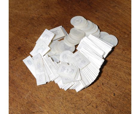 A COLLECTION OF CHINESE MOTHER OF PEARL GAMING COUNTERS 19TH CENTURY double sided, one engraved with initials 'H A R', the ot
