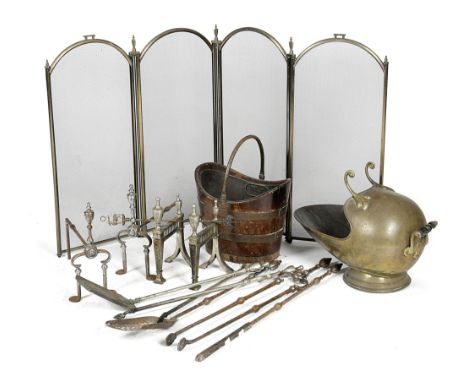 A COLLECTION OF FIREPLACE FURNITURE 19TH CENTURY AND LATER comprising: steel fire irons, two pairs of steel fire dogs, a buck