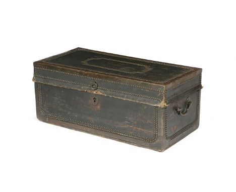 AN ANGLO-CHINESE CAMPHORWOOD TRUNK 19TH CENTURY covered in green leather, with brass edging and stud decoration, with brass c