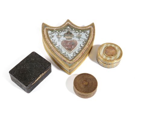 Î» FOUR FRENCH BOXES 18TH CENTURY AND LATER comprising: a Louis XVI card heart shape confectionery box, a Louis XV tortoisesh