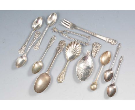 White metal caddy spoon, Lily pattern, indistinctly marked, Georgian dessert spoon, 1792, silver butter knives, other cutlery
