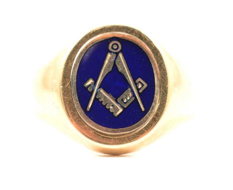 9ct gold Masonic ring, swivel enamelled and blank matrix, 8.8g.Condition report:Ring size T. Hallmarked Birmingham 2000 with 