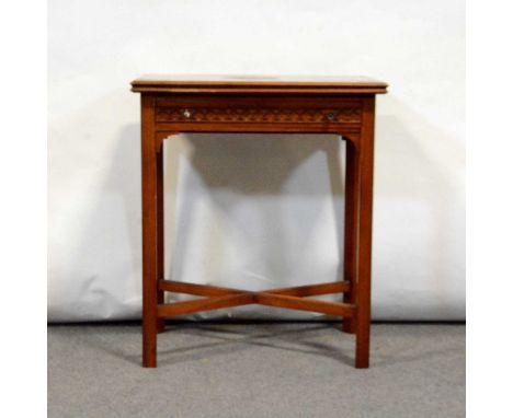 Edwardian mahogany card table, foldover top, baize-lined, single drawer, moulded legs joined by cross stretchers, 62x39cm, he