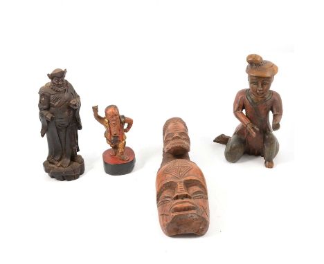 Chinese carved wood table lamp, Old man, 54cm, other carvings including figures, bowl, etc.