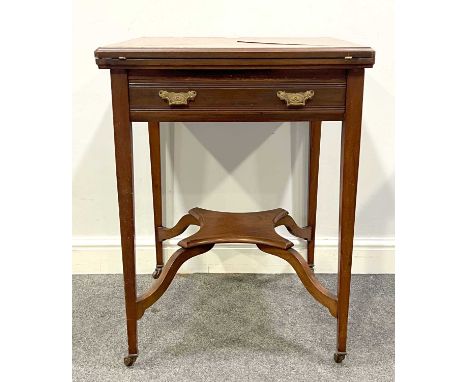 Edwardian mahogany envelope top card table, square tapering legs joined by a shelf, 55x55cm, height 74cm.