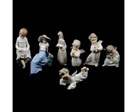 Four Lladro porcelain cherubs, 16cm and smaller, Lladro figure of a girl with a piglet and two Nao figures.Qty: 7