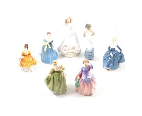 Six Royal Doulton lady figurines, including Free As The Wind, HN3139, 27cm, and one Nao porcleain figure, Flamenco dancer.Qty