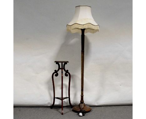 Stained wood standard lamp, fluted column, circular base, with shade, overall height 189cm, and a mahogany jardiniere stand.Q