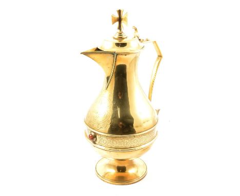 Quantity of Ecclesiastical metalware including a brass Baptismal font jug, Gothic style,with agate cabouchon, 49cm; Sanctuary