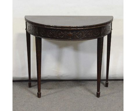 Edwardian mahogany demi lune card table, foldover top, baize lined, classical frieze, square tapering legs, width 92cm, depth