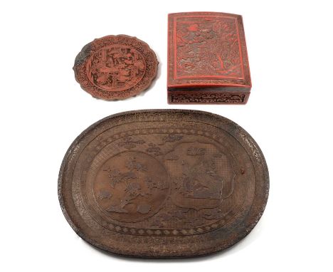 Chinese cinnabar lacquered box, rectangular with domed landscape pattern lid, 29x24cm, damaged and poor repairs, small plaque