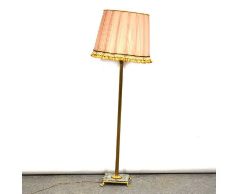 Brass Corinthian column standard lamp, faux marble base, pleated shade, height overall 156cm.