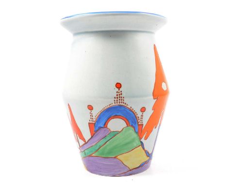 Clarice Cliff, a 'Caprice' design vase, shape 342, painted in colours against a sky blue ground, Bizarre backstamp, further p