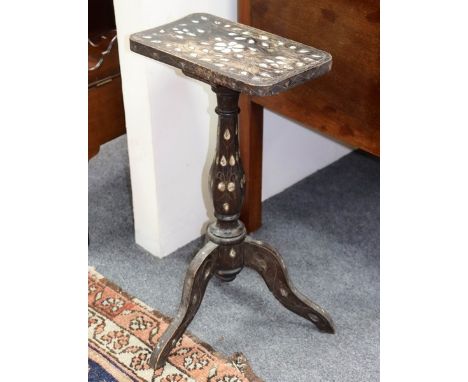 A Moorish tripod table inlaid mother-of-pearl, the top 32cm x 19cm