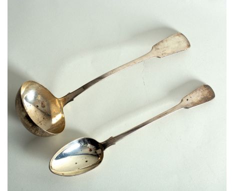 A Victorian silver fiddle pattern ladle and a similar basting spoon