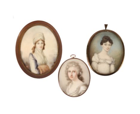 Daville and others/Three Oval Portrait Miniatures of Ladies/one signed lower right, Daville, one with hair compartment to rev