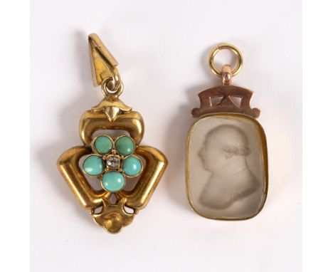 An Edwardian turquoise, diamond and split pearl pendant set in yellow metal, a circular glazed compartment to the reverse and