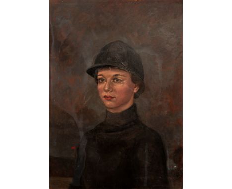 20th Century English School/Mercy Rimell wearing a Riding Hat/half-length portrait/oil on board, 35cm x 25.5cm