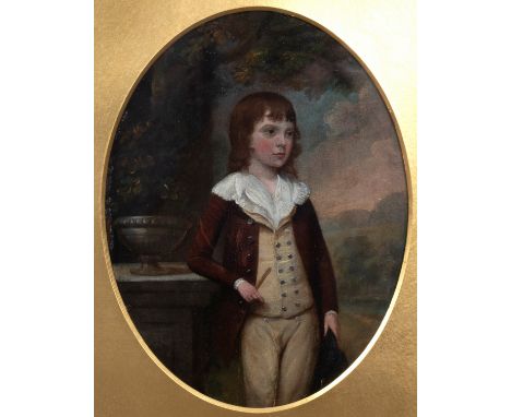 Circle of Thomas Hickey (Irish 1741-1824)/Portrait of a Young Boy/three-quarter length in a classical landscape/oval/oil on c