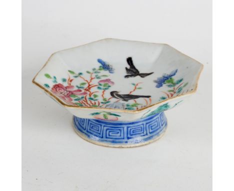 A 19th Century famille rose octagonal tazza, enamelled birds in garden landscapes, 13cm diameter CONDITION REPORT: overall go