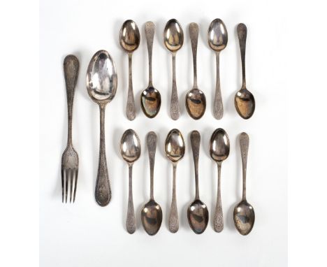 Six Victorian silver teaspoons, HH, Sheffield 1883 and a silver Christening spoon and fork, London 1884, approximately 220gm