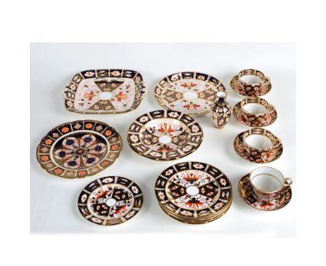 A quantity of Royal Crown Derby Imari tea wares to include four cups and saucers, a square serving dish 23.5cm wide, five sid