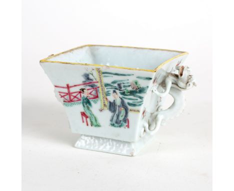 A Chinese square bowl with kylin handles, decorated in enamels, late 18th/early 19th Century, 11cm wide CONDITION REPORT: The