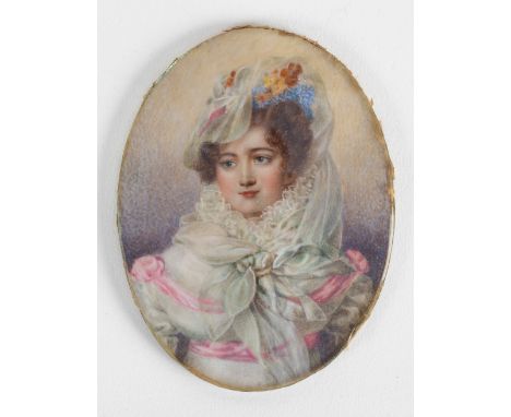 19th Century English School/Portrait Miniature of a Young Lady in White Dress/oval watercolour on ivory, 10cm x 7.5cm  CONDIT