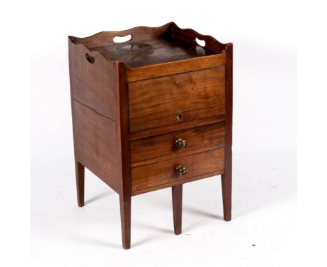 A George III mahogany and ebony strung tray-top commode, the cupboard with flap cover above a commode drawer, 51cm wide/Prove
