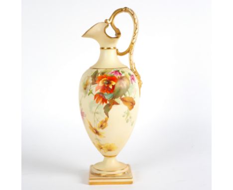 A Grainger &amp; Co. Worcester ewer, decorated summer flowers to an ivory ground and highlighted in gilt, 28cm high CONDITION