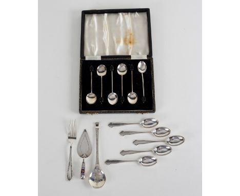 Six silver coffee spoons, SLO, Birmingham 1921, with bean finials, five silver coffee spoons, a fork, a seal top spoon and a 