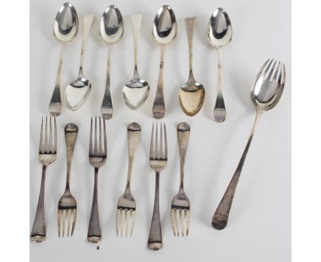 Six Hanoverian pattern silver table forks, RC, London 1799, initialled OS, seven old English pattern table spoons with crest 