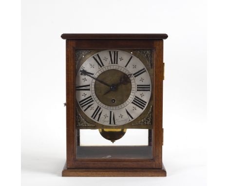 A glass cased mantel clock, the square dial signed J Eleyott, Farring, fitted a single fusee movement, 31.5cm high/Provenance